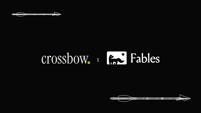 The image displays a promotional graphic on a black background featuring the logos "crossbow." and "Fables" separated by an "x" in the center, indicating a collaboration between the two brands. Decorative arrow illustrations in white line art appear in the top-left and bottom-right corners, reinforcing the crossbow branding.

The "x" in the post aligns directly with the "x" in the image, signifying a partnership or crossover between Crossbow and Fables.