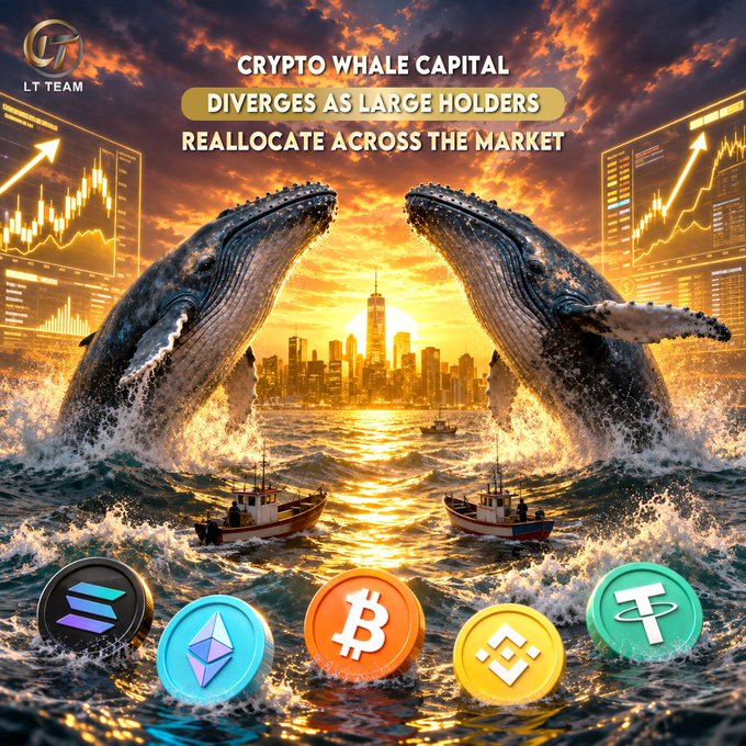 A dramatic image showing two large whales breaching the ocean against a sunset cityscape backdrop, with trading charts visible on either side and cryptocurrency icons (Solana, Ethereum, Bitcoin, BNB, Tether) displayed at the bottom. The header text reads "CRYPTO WHALE CAPITAL DIVERGES AS LARGE HOLDERS REALLOCATE ACROSS THE MARKET," with "LT TEAM" branding in the top-left corner, visually representing the post's theme of whale activity and capital flows across major cryptocurrencies like BTC and ETH.