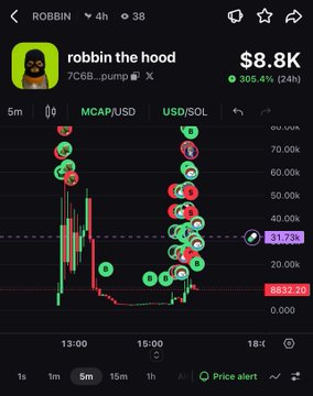 A trading app screenshot showing a token named 'robbin the hood' ($8.8K, +306.4% in 24h) with a candlestick chart for MCAP/USD and USD/SOL.