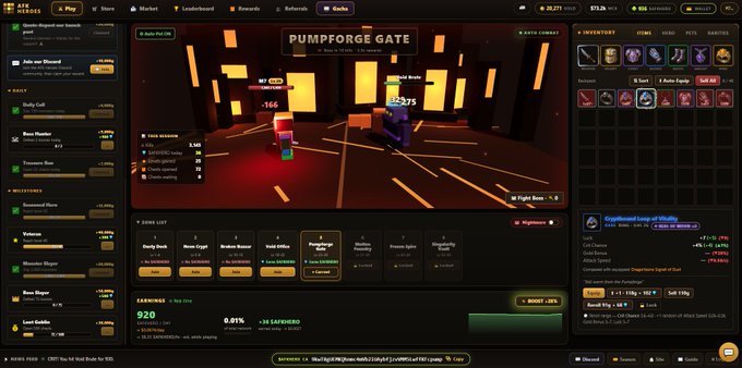 The image shows the gameplay interface of the AFK Heroes game, featuring an "Auto Play On" mode where characters automatically battle in "Pumpforge Gate" against enemies like "Boom Plinker," dealing -275 damage while earning 920 in +84.51x Sathydro resources. The displayed dashboard includes inventory, stats, daily quests, and a 20-hour AFK earnings timer, visually reinforcing the post's description of the game's signature idle/AFK combat system.