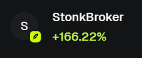 A trading display showing the ticker 'StonkBroker' with a green gain of +166.22%.