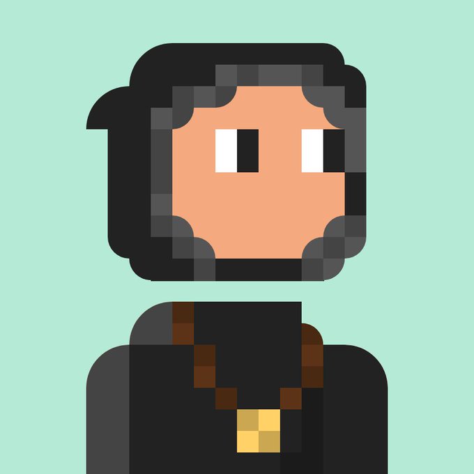 A pixel art illustration of a character with dark curly hair, light skin, large expressive eyes, and a black outfit with a gold pendant against a light mint green background.