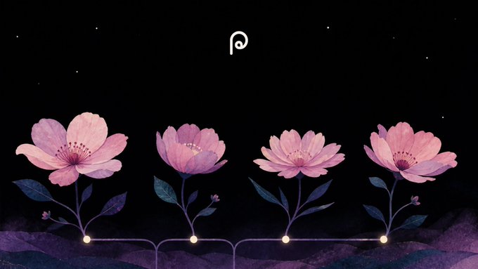Four watercolor pink flowers bloom beneath a stylized "P" logo against a starry night sky, symbolizing the creative bloom of new v4 hook submissions. Each flower's stem is connected by a glowing horizontal line with illuminated nodes, suggesting the interconnected and reviewed community submissions awaiting developer refinement.