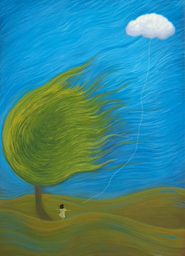A whimsical painting showing a small child in a yellow shirt holding the string of a white cloud shaped like a balloon, standing on green hills beneath a large windswept green tree blowing against a blue sky.