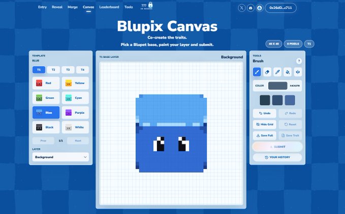 The image shows the "Blupix Canvas" interface from blupixapp, where users can co-create pixel art traits by selecting a base layer (currently a blue character) and painting on the grid. The screenshot displays the blue color palette selected, various tools like brush, eraser, and undo options, and progress indicators (40/40, 8 PIXELS, T1), illustrating the new drawing feature mentioned in the update.