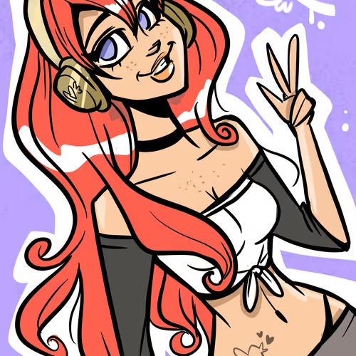 An anime-style drawing features a red-haired girl with headphones, freckles, and a white top making a peace sign against a purple background.
