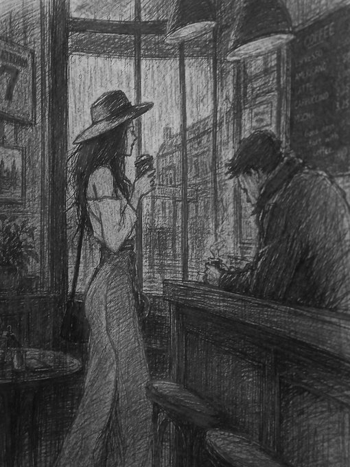 A black-and-white pencil sketch depicts a woman in a long dress and hat standing at a cafe counter, holding a cup, while a man sits across from her looking down.
