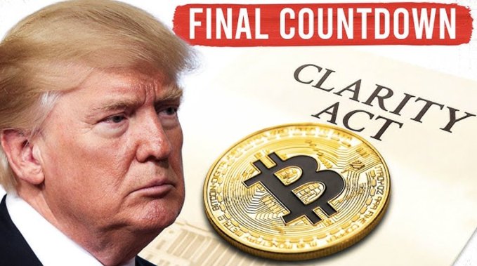 This image links Donald Trump with the "Clarity Act" and a Bitcoin coin, suggesting a connection between his potential actions and the cryptocurrency market. The text "FINAL COUNTDOWN" adds to the sense of anticipation for the act's approval.