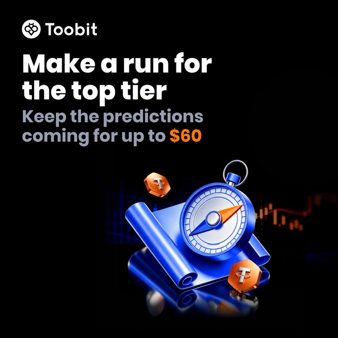 A promotional graphic for Toobit titled "Make a run for the top tier" with the subheading "Keep the predictions coming for up to $60," featuring a 3D illustration of a blue compass resting on a rolled blueprint alongside orange tokens marked with the Toobit "T" logo, visually reinforcing the post's call to complete up to 8 predictions of at least 5 USDT each to unlock up to 60 USDT in rewards.