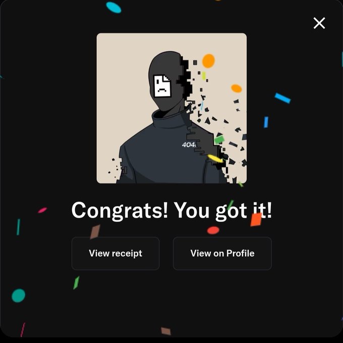 A digital popup displays 'Congrats! You got it!' with a stylized figure wearing a '404' hoodie that appears to be glitching apart, surrounded by confetti, with buttons to 'View receipt' and 'View on Profile'.