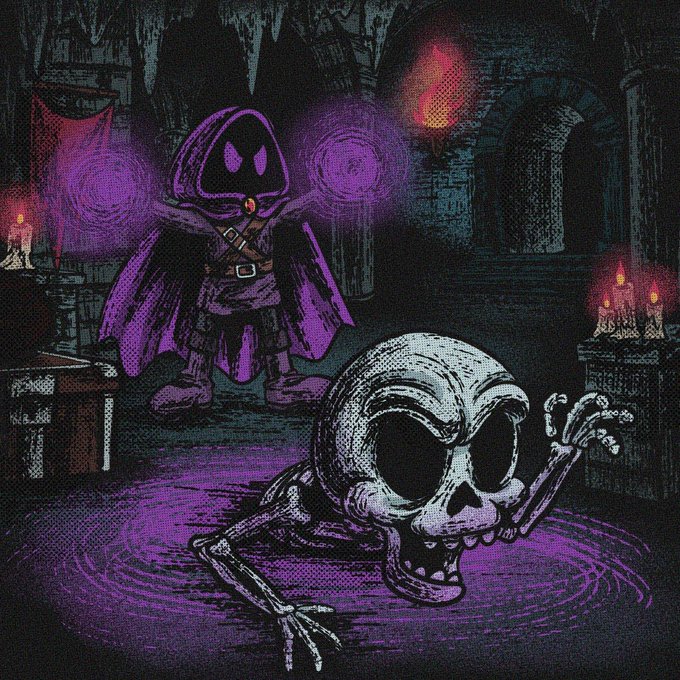 This image depicts a spooky scene with a hooded figure casting purple magic and a skeleton crawling on the floor, fitting the dark fantasy theme of the @GuildGrime NFT project.