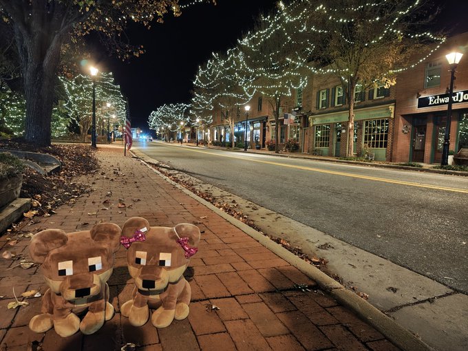Two teddy bear plush toys sitting on a brick sidewalk at night, with a festively lit street featuring string lights on trees and storefronts in the background.