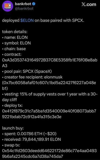 A tweet from "bankrbot" (@bankrbot) announces the deployment of $ELON on the Base blockchain paired with $SPCX, displaying token details including contract address 0xA3d353743164972B37C8E5358fb1E76f0Be8abA3, a creator fee recipient address labeled "elonmusk," 15% supply vesting over 1 year with a 30-day cliff, and a launch buy of 0.00786 ETH (~20) receiving 79,844,189.91 ELON tokens — illustrating the context for the post's question about when a deployer/creator (like "elonmusk") can claim their accumulated fee share from trading volume.