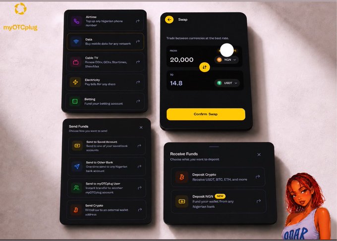 The image displays the myOTCplug app, showcasing features like airtime top-up, data purchase, bill payments, crypto swapping (e.g., 20,000 NGN to 14.8 USDT), sending funds to bank accounts or other users, and depositing crypto or NGN. The app's interface is consistent with the user's post about using it for daily financial activities.