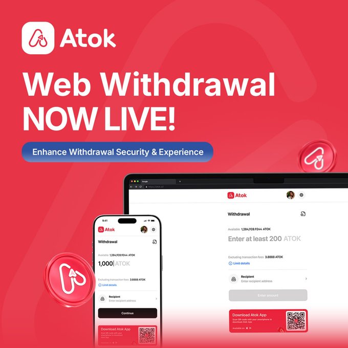 The image is a promotional graphic for Atok announcing "Web Withdrawal NOW LIVE!" to enhance withdrawal security and experience. It displays both mobile and desktop interfaces of the Atok withdrawal page, showing available balances (1,204,938.9244 ATOK on desktop and 1,264,618.9244 ATOK on mobile), a minimum withdrawal requirement of 200 ATOK, and a "Download Atok App" QR code, illustrating the seamless cross-platform withdrawal feature highlighted in the accompanying post.