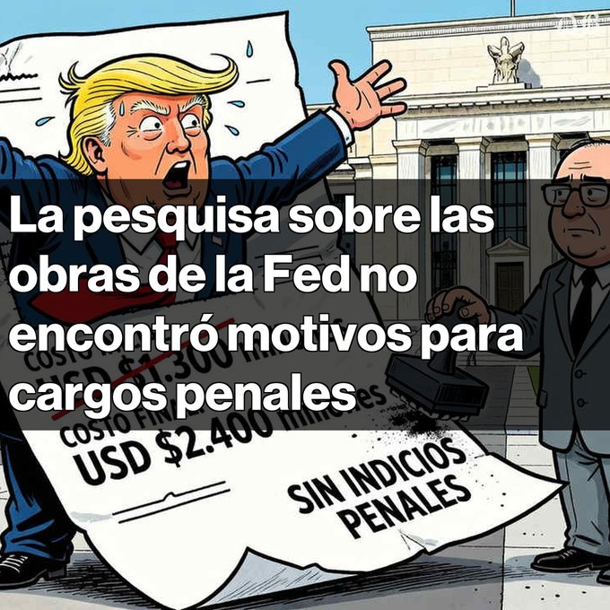 A political illustration showing a caricature of Donald Trump arguing over a document labeled 'USD $2.400 Millones' and 'SIN INDICIOS PENALES,' with Spanish text overlaid stating 'La pesquisa sobre las obras de la Fed no encontró motivos para cargos penales.'