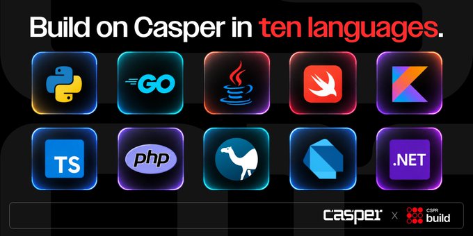 A promotional graphic titled 'Build on Casper in ten languages' displaying logos for Python, Go, Java, Swift, Kotlin, TypeScript, PHP, Rust, AssemblyScript, and .NET, with the Casper x coinbuild branding.