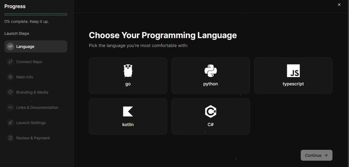 The image shows a "Choose Your Programming Language" screen for a project launch wizard, displaying five language options: go, python, typescript, kotlin, and C#, with a sidebar showing launch steps at 0% complete.

This relates to the post by illustrating how CNPY Network simplifies sovereign chain deployment—rather than requiring builders to navigate complex infrastructure decisions, the platform offers a user-friendly interface where developers can quickly select their preferred programming language (Go, Python, TypeScript, Kotlin, or C#) to launch their custom chain, making the process more accessible and template-driven.