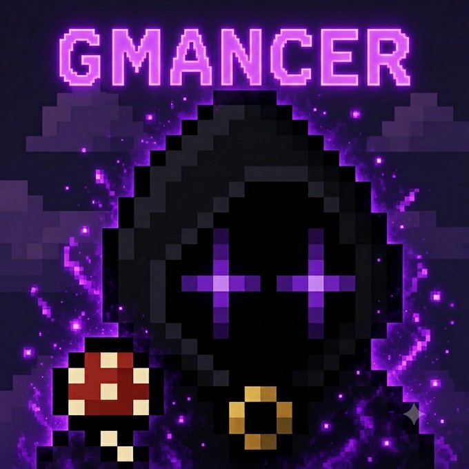 A pixel art image featuring a dark hooded figure with glowing purple eyes, a brown potion bottle, and a gold item, with the text 'GMANCER' displayed in bright pink pixel letters at the top.