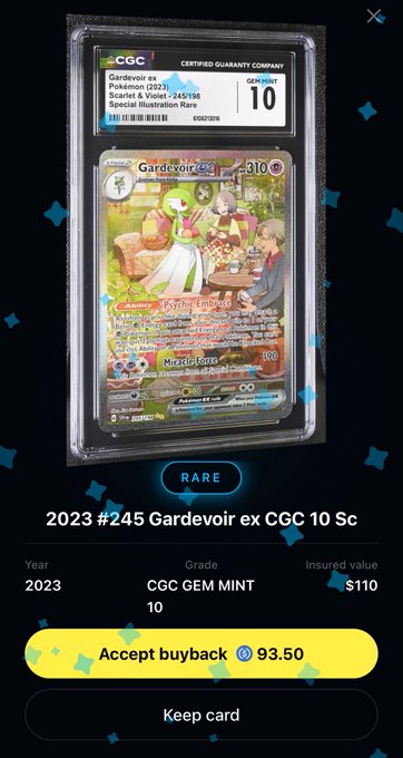 The image shows a Pokémon trading card being sold for $93.50, with an acceptance offer of "99.5" for payment. The text indicates that the buyer must keep the card as a form of payment.