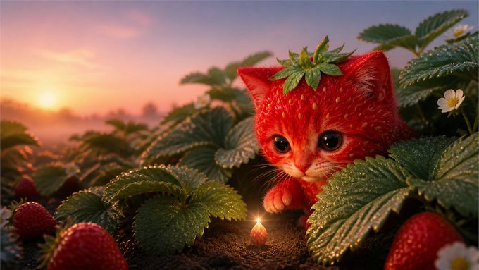 An AI-generated digital artwork of an adorable strawberry-shaped kitten with red fur and green leaves on its head, surrounded by strawberries in a garden at sunset.
