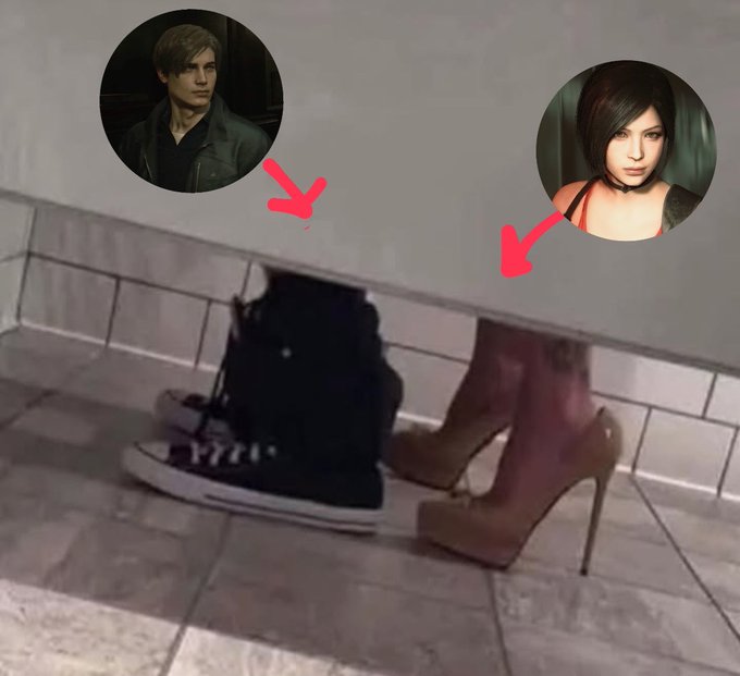 urn of water on a white tiled floor, with two individuals' faces and shoes in the foreground.