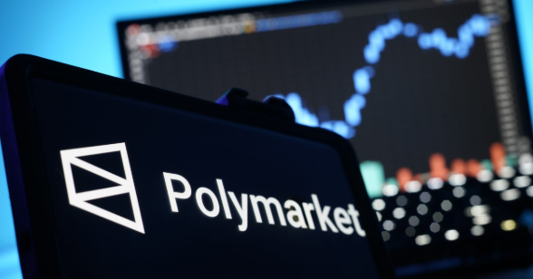 The image shows a laptop screen displaying the Polymarket logo in the foreground, with a blurred background screen showing what appears to be a trading chart with candlestick patterns and a fluctuating price line graph, visually reinforcing the post's discussion of significant financial losses among traders on the prediction market platform.