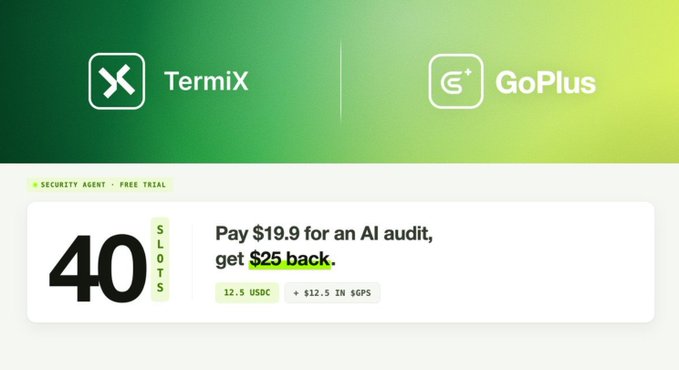 A promotional graphic for TermiX and GoPlus security agent offering '40 SLOTS' for an AI audit at $19.9 with $25 back, priced at 12.5 USDC or $12.5 IN $GPS.