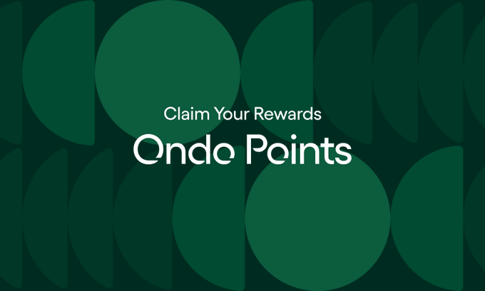 The image features a green background with white text that reads "Claim Your Rewards". The text is surrounded by circles of varying sizes, creating an abstract pattern. Below this, there's a list of rewards available for those who have earned Ondo Points before April 1, 2026.