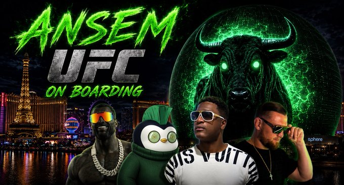 A vibrant promotional graphic announces "ANSEM UFC ON BOARDING" in bold green text, featuring four men posing in front of the Las Vegas Strip and a large glowing green bull mascot. The image aligns with the post confirming the UFC onboarding squad: @cometcalls, @JoeyMoose, @iambroots, and @blknoiz06.