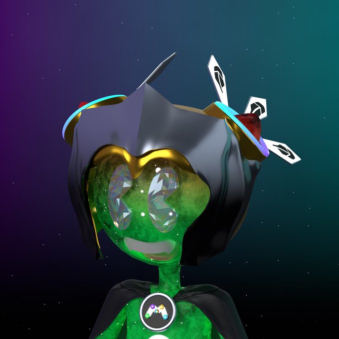 A 3D-rendered character with a green gemstone-like face, dark hair, and a crown, set against a purple-to-teal gradient starry background.