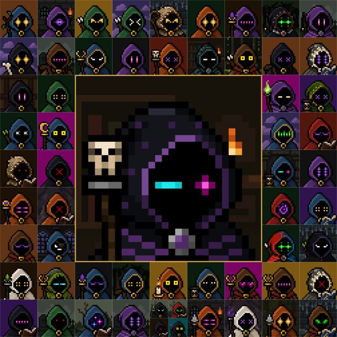 A large pixel-art hooded grim reaper figure with glowing cyan and magenta eyes and a scythe is centrally framed against a grid of smaller hooded character portraits in various colors, likely showcasing NFT collectibles from the Reliquia project linked in the post.