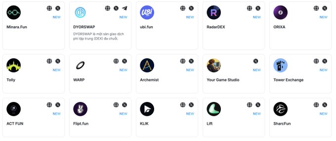 A grid of digital icons or app tiles for various Web3 platforms, including 'Minara.Fun', 'DYORSWAP', 'ubi.fun', 'RadarDEX', 'ORIXA', 'Tolly', 'WARP', 'Archemist', 'Your Game Studio', 'Tower Exchange', 'ACT FUN', 'Flipl.fun', 'KLIK', 'Lift', and 'SharcFun', mostly labeled 'NEW'.