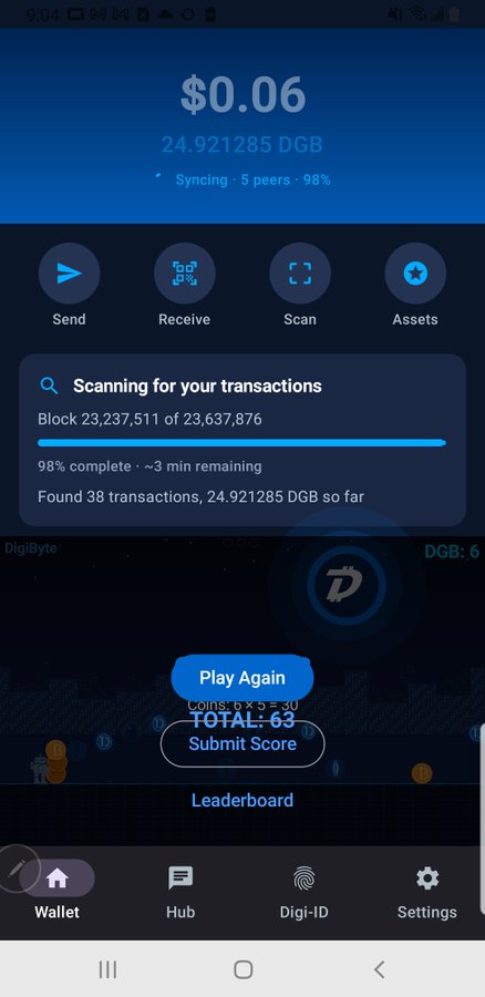 The image shows a cell phone screen displaying information about a mobile wallet app called "DGB". The app has been installed, and there are several details visible on the screen, including the total number of transactions completed (68), the current leaderboard score (65), and the submission status for the game. The post also mentions that the app is very cool and thanks the users for their work in developing it.
