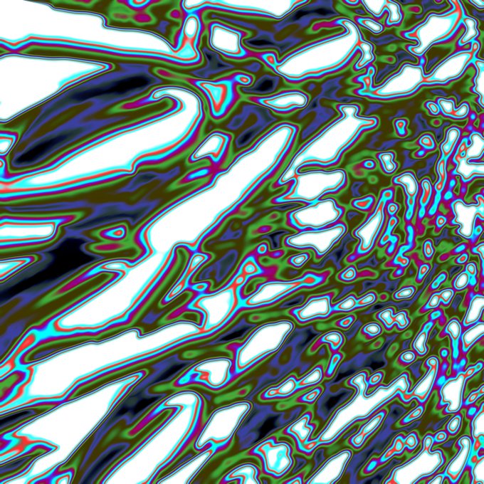 An abstract, psychedelic wave pattern with swirling colors of white, green, blue, black, and magenta creating a flowing, organic texture.