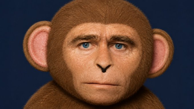 A realistic CGI render of a monkey face with human-like blue eyes, brown fur, and pink ears, shown in close-up against a dark blue background.