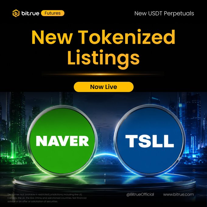 A Bitrue Futures promotional graphic announcing "New Tokenized Listings — Now Live," featuring illuminated circular icons for NAVER (green) and TSLL (blue) against a futuristic cityscape background, highlighting the availability of $NAVERUSDT and $TSLLUSDT perpetual contracts for trading.