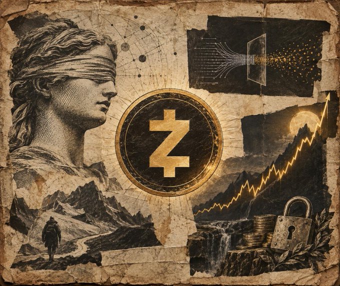 A vintage-style collage illustration featuring a blindfolded classical statue profile, a central Zcash (Z) logo, data flow imagery, a rising chart, a padlock, and a mountain landscape.