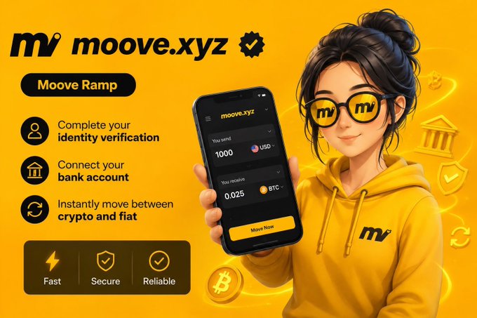 A yellow promotional graphic for 'moove.xyz' featuring a cartoon woman in a hoodie and sunglasses, advertising a 'Moove Ramp' service for crypto-to-fiat conversions with features labeled 'Fast,' 'Secure,' and 'Reliable.'