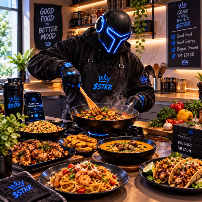 A figure in a black helmet with a glowing blue V-shaped visor and apron cooking in a kitchen, surrounded by branded '$STKRR' merchandise and various dishes, with signs reading 'GOOD FOOD = BETTER MOOD' and 'COOK VIBE BUILD $STKRR'.