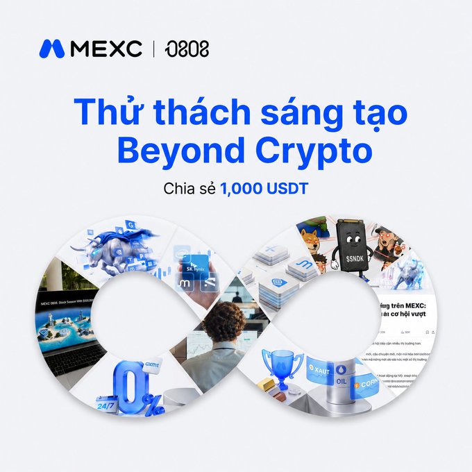 A promotional graphic for MEXC exchange featuring the text 'Thử thách sáng tạo Beyond Crypto' and 'Chia sẻ 1,000 USDT' alongside an infinity-shaped collage of various crypto-related images.