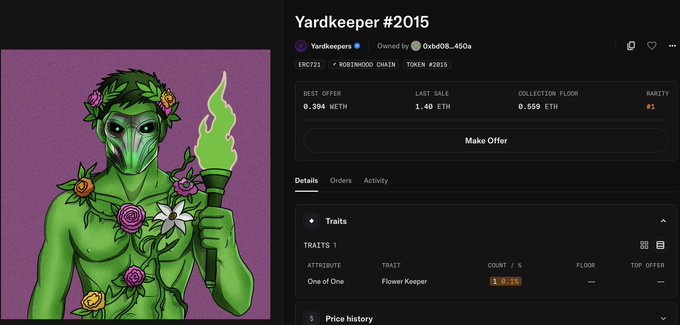 A screenshot of NFT marketplace listing for "Yardkeeper #2015" from the Yardkeepers collection by 0xfd08...450a, showing the green flower-adorned humanoid character holding a green flame torch. The listing shows a "One of One" Flower Keeper trait and notes a recent sale of 1.40 ETH, matching the post celebrating the 1/1 NFT purchase.