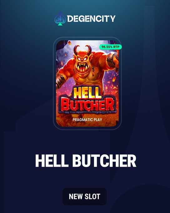 The image promotes "Hell Butcher," a new slot game by Pragmatic Play with a 96.55% RTP, featuring a fiery red demon character, now available on DegenCity—matching the post's call to action for players to try the game and engage with the giveaway.