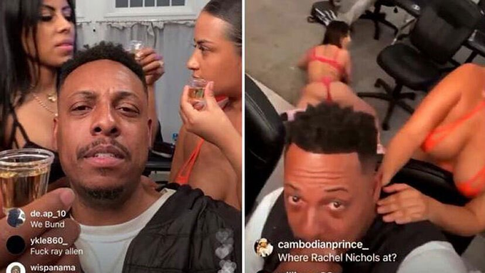 A split-screen livestream showing a man in the foreground with women in the background, including Instagram comments like 'We Bund' and 'Where Rachel Nichols at?'.