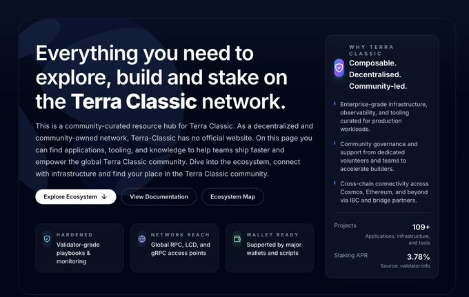 A webpage for Terra Classic network displays 'Everything you need to explore, build and stake on the Terra Classic network' with details about staking APR (3.78%) and over 109 projects.