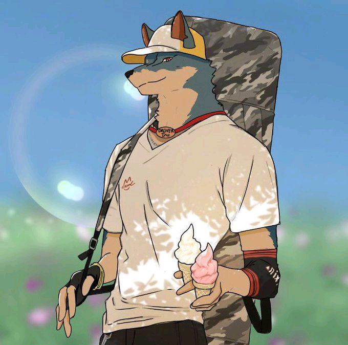 An anthropomorphic wolf character wearing a cap and "DROVER INU" collar tag holds two soft-serve ice cream cones while carrying a large camouflage bag, visually representing the "DroverInu" crypto project mascot featured in the post.