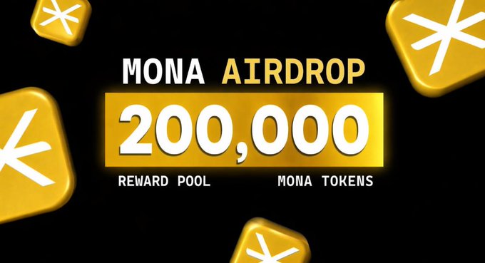 A promotional graphic announcing a "MONA AIRDROP" with a 200,000 MONA token reward pool, featuring floating gold token icons on a black background. The image visually reinforces the accompanying tweet's call-to-action for the first 500 wallets to participate in the Solana-based airdrop via Monacoin.xyz.