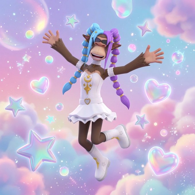 A 3D animated character with blue and purple braided hair, wearing a white dress and sunglasses, floats joyfully among iridescent stars, hearts, and bubbles in a pastel sky.