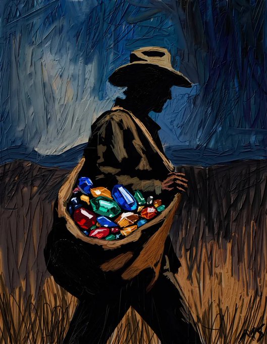 A painterly illustration shows the silhouette of a person in a cowboy hat walking through tall grass at dusk, carrying a satchel filled with colorful, faceted gemstones or digital tokens.