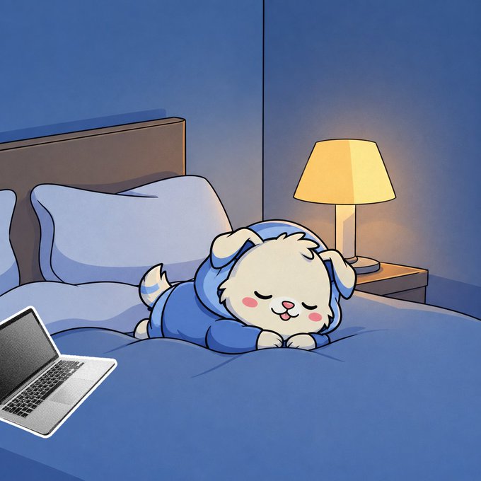 A digital illustration of a cute, fluffy puppy sleeping peacefully on a blue bed, wearing a blue hoodie, with a glowing lamp on a nightstand and a laptop nearby.